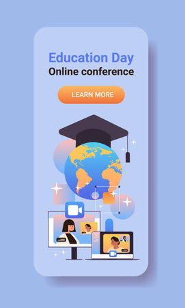 students having online conference during video call education day live webinar e-learning concept verticalのイラスト素材