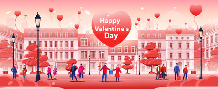 people in love with shopping bags walking city street happy valentines day celebration concept cityscape backgroundのイラスト素材