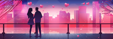 man woman lovers walking in park with red hearts in air happy valentines day celebration concept cityscape backgroundのイラスト素材