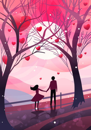 man woman lovers walking in park with red hearts in air happy valentines day celebration concept landscape background full lengthのイラスト素材