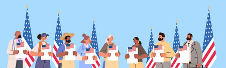 election day concept different occupations voters casting ballots at polling place during voting people holding paper ballots horizontal portraitのイラスト素材