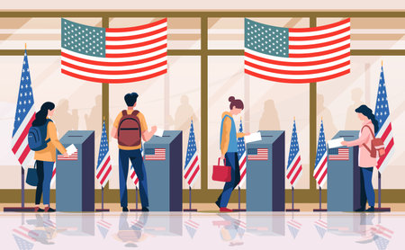 election day concept voters casting ballots at polling place during voting people holding paper ballots horizontalのイラスト素材