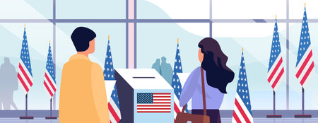 election day concept voters casting ballots at polling place during voting people holding paper ballots horizontalのイラスト素材