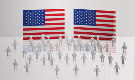 people silhouettes standing near American United States flags USA presidential election concept horizontalのイラスト素材