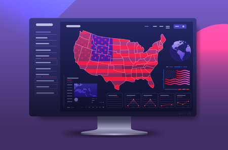 USA presidential election statistic banner with infographics American Election campaign statistics with map and data graphs on computer monitorのイラスト素材
