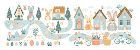 Happy Easter greeting card with rabbits and eggs in pastel colors spring holiday celebration card horizontalのイラスト素材