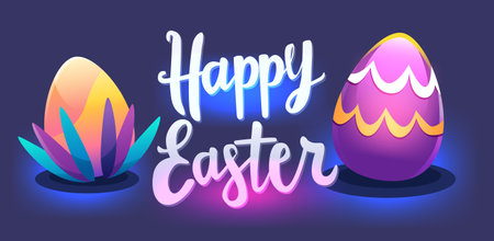 Happy Easter greeting card with colorful eggs spring holiday celebration card horizontalのイラスト素材