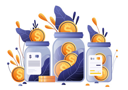 dollar coins money in jars financial security reliability stability growth fintech business investment concept horizontalのイラスト素材