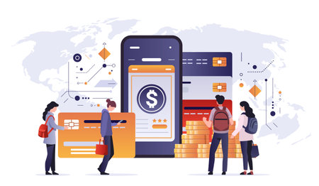 mix race people making payments with debit or credit cards in mobile app financial transactions...