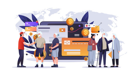 people making payments with debit or credit cards in computer app financial transactions fintech business investment conceptのイラスト素材