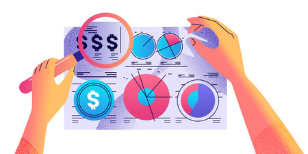 human hands analyzing graphs on tablet screen financial banking wealth transformation technology fintech business investmentのイラスト素材