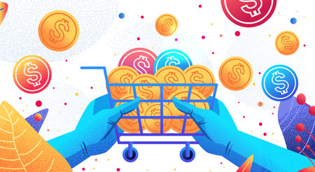 hands holding dollar coins in trolley cart financial banking wealth transformation technology fintech business investmentのイラスト素材