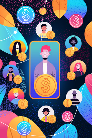 people with dollar coins discussing during virtual conference financial banking wealth transformation technology fintech business investmentのイラスト素材