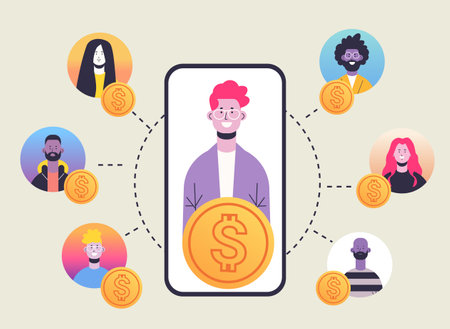 people with dollar coins discussing during virtual conference financial banking wealth transformation technology fintech business investmentのイラスト素材