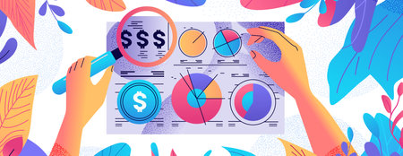 human hands analyzing graphs on tablet screen financial banking wealth transformation technology fintech business investmentのイラスト素材