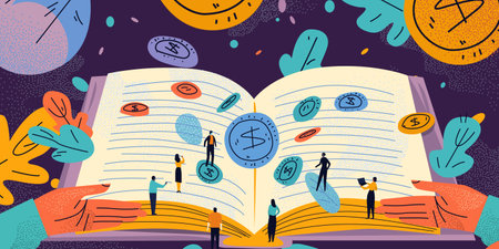 businesspeople with dollar coins reading book financial banking wealth transformation technology fintech business investmentのイラスト素材