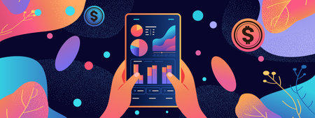 human hands analyzing graphs on tablet screen financial banking wealth transformation technology fintech business investmentのイラスト素材