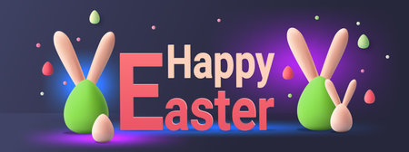 Happy Easter greeting card with eggs in pastel colors spring holiday celebration card horizontalのイラスト素材