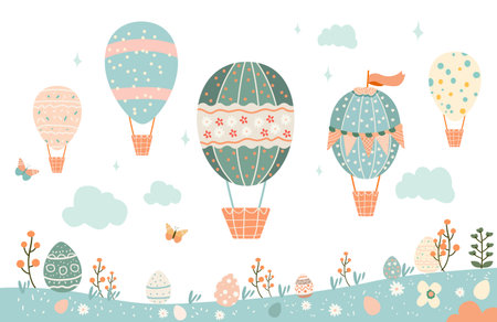 Happy Easter greeting card with eggs in air balloons shape spring holiday celebration cardのイラスト素材
