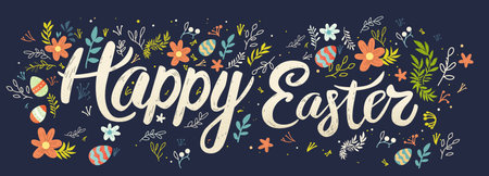 Happy Easter greeting card with colorful eggs and flowers spring holiday celebration card horizontalのイラスト素材