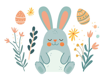 Happy Easter greeting card with rabbit eggs and spring flowers pastel colors holiday celebration cardのイラスト素材