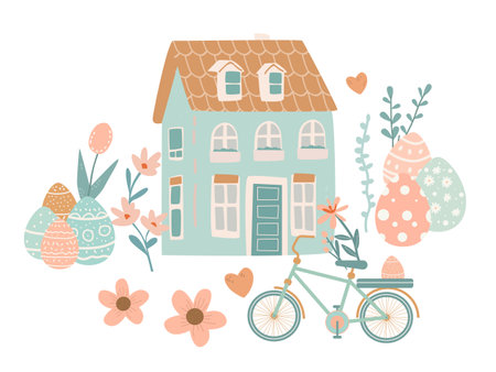 Happy Easter greeting card with house bicycle eggs and spring flowers pastel colors holiday celebration cardのイラスト素材