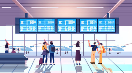 man woman waiting takeoff in airport hall departure lounge passengers terminal check interiorのイラスト素材