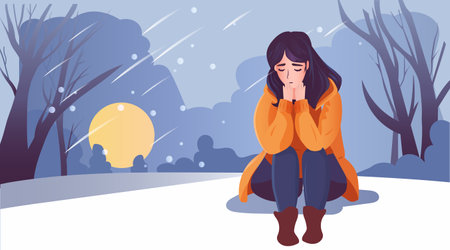 depressed woman sitting on snow in dark forest sad girl suffering from psychological diseases anxiety mental health awareness month conceptのイラスト素材