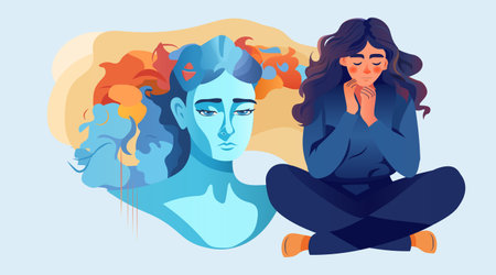 depressed woman sad girl suffering from psychological diseases anxiety mental health awareness month concept horizontalのイラスト素材