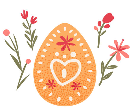 Happy Easter greeting card with colored egg and spring flowers pastel colors holiday celebration card horizontalのイラスト素材