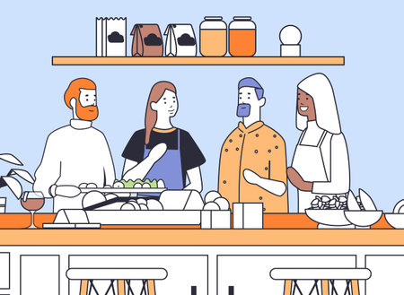Group of people cooking together in a kitchen surrounded by ingredients utensils and pantry items on shelvesのイラスト素材
