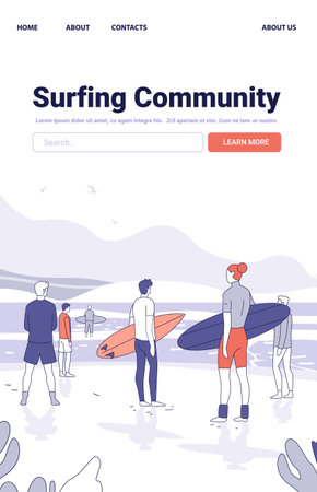 Surfers holding boards standing on beach facing ocean with mountains and birds in background minimalist styleのイラスト素材