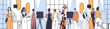 Fashion show runway models stylish outfits modern design abstract backgroundのイラスト素材