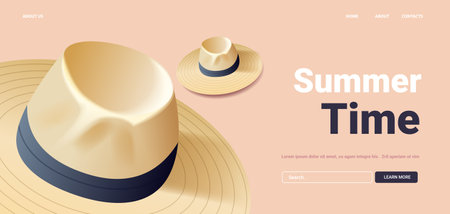 Summer hats beige blue ribbon light background summer theme holiday vacation accessory stylish designのイラスト素材
