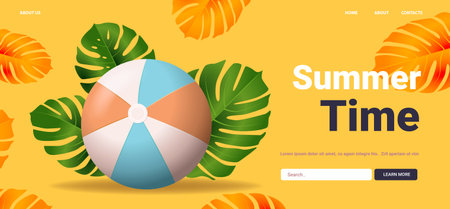 Beach ball tropical leaves summer theme yellow backgroundのイラスト素材