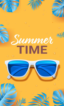 Summer sunglasses blue tropical leaves yellow background water dropletsのイラスト素材