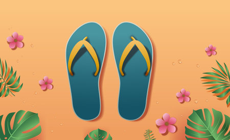 Blue flip-flops with yellow straps on an orange background surrounded by tropical leaves pink flowers and water dropletsのイラスト素材