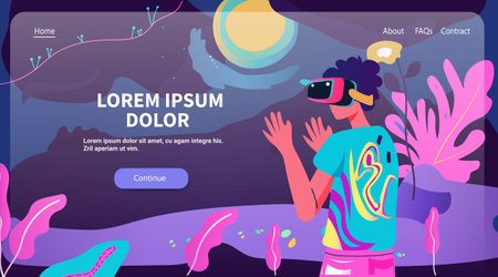 Person wearing VR headset in vibrant surreal landscape with abstract plants and colorful elements futuristic technology conceptのイラスト素材