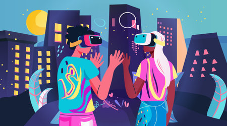 Two people wearing VR headsets exploring a futuristic cityscape with tall buildings and abstract elements vibrant colors digital artのイラスト素材