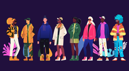 Diverse group of fashionable people in trendy clothing standing in a line vibrant colors dark background modern styleのイラスト素材