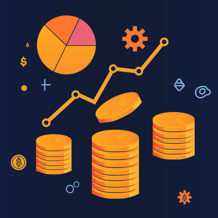 Stacked gold coins pie chart line graph financial icons dark background