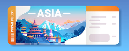 Asian temple landscape with mountains birds and trees in vibrant colors travel ticket designのイラスト素材