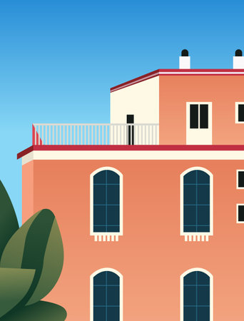 Modern building with large arched windows rooftop terrace and green foliage against a clear blue skyのイラスト素材