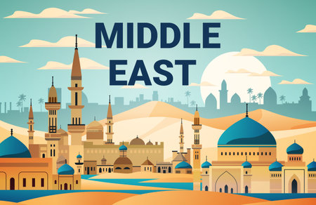 Middle East skyline desert landscape architecture silhouettes minarets domes palm trees sun dunes blue sky travel tourism concept background bannerのイラスト素材