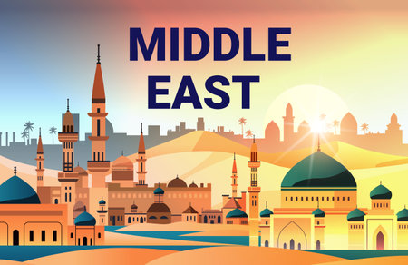 Middle East travel concept with cityscape silhouettes and desert background featuring domes minarets and palm trees vibrant colors scenic landscapeのイラスト素材