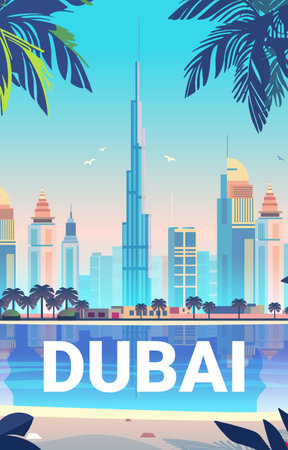 Dubai skyline modern skyscrapers palm trees beach reflection tropical leaves blue sky travel concept tourism designのイラスト素材