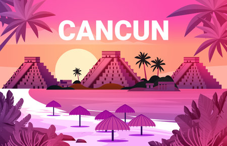 Cancun beach sunset Mayan pyramids palm trees tropical landscape pink purple tones travel destinationのイラスト素材