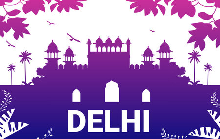 Delhi skyline silhouette with historical architecture palm trees birds and decorative foliage in gradient purple and whiteのイラスト素材
