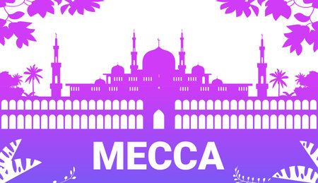Mecca mosque silhouette with minarets and domes surrounded by palm trees and decorative foliage gradient purpleのイラスト素材