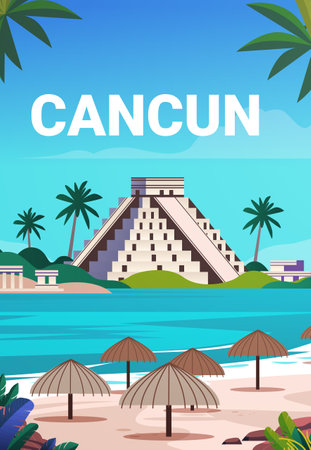 Cancun beach with umbrellas Mayan pyramid palm trees ocean tropical landscape travel destination tourism Mexicoのイラスト素材